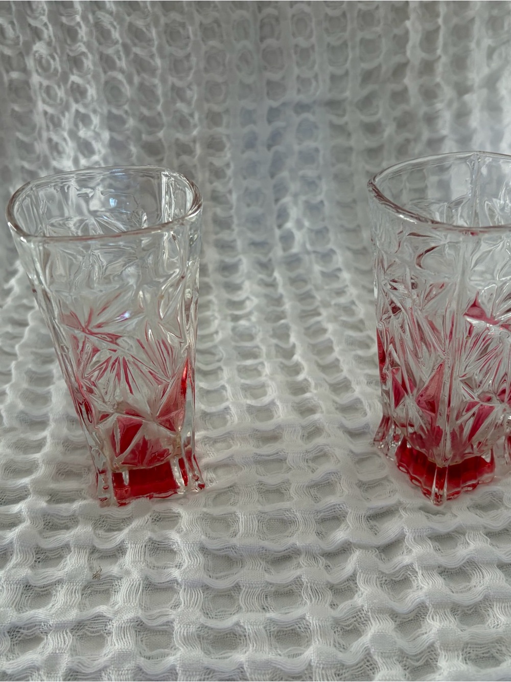 MCM Clear cranberry Pressed Glass Tumblers with Red Accent set of 2
